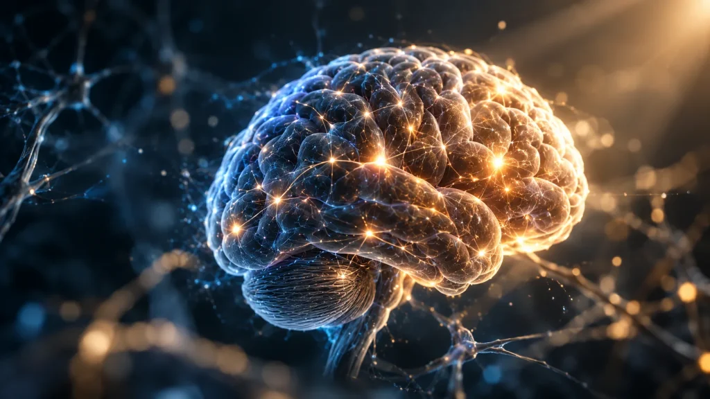 Illustration of a glowing human brain lit with golden neural connections against a dark blue background