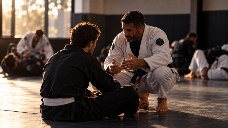 Brazilian Jiu-Jitsu coach giving a student instruction on the mats